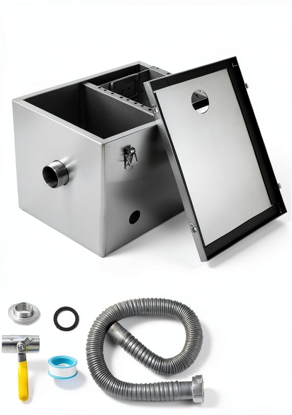 IRONWALLS 8LBS Top Inlet Commercial Grease Interceptor, Stainless Steel Grease Trap 4 Gallon, Under Sink Grease Trap Waste Water Oil-water Separator for Restaurant, Cafe, Canteen, Factory, Kitchen-0