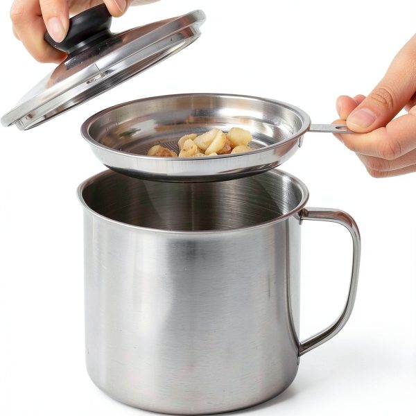 Stainless Steel Grease Container，with Fine Mesh Strainer，for Kitchen Storing Frying Cooking Grease，1.3L-0